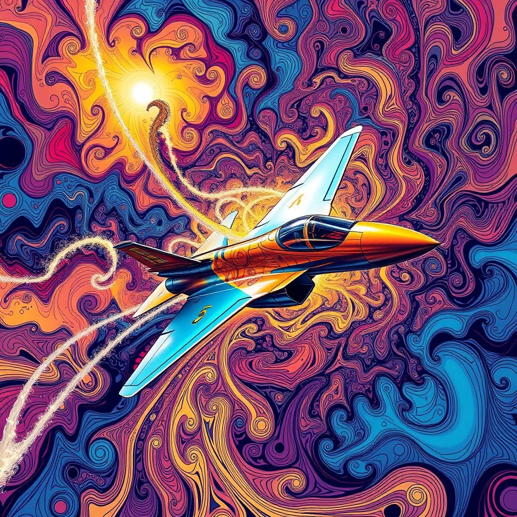 Fighter Jet Soaring Through Fractal Zentangle Sky