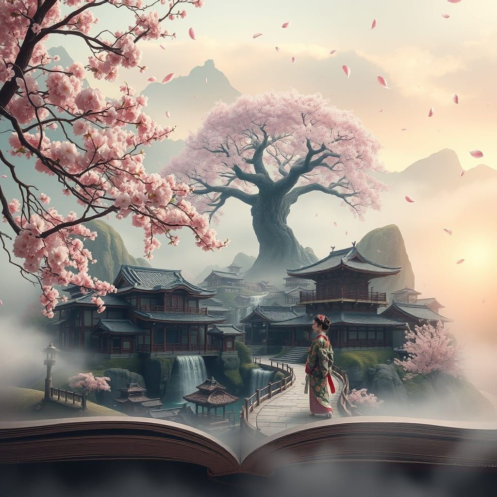 Whimsical Sakura Village in Dreamlike Japanese Paradise