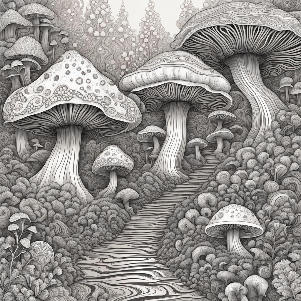 Magic Mushroom Forest with Abstract Fractal Design