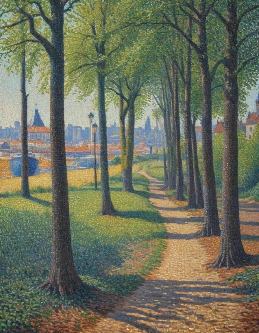 Pointillist Woman with Fish Head in Waterfall