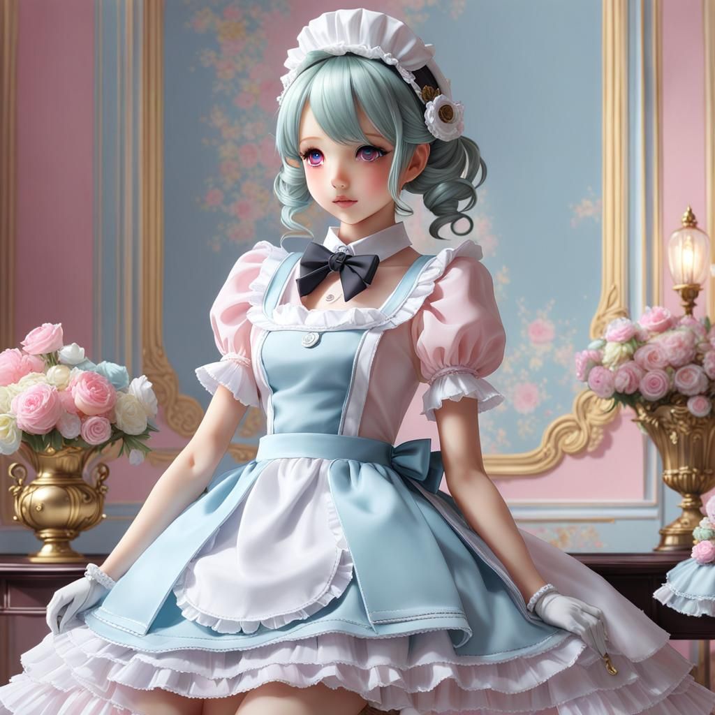 Kawaii Doll in Maid Dress with Royal Background