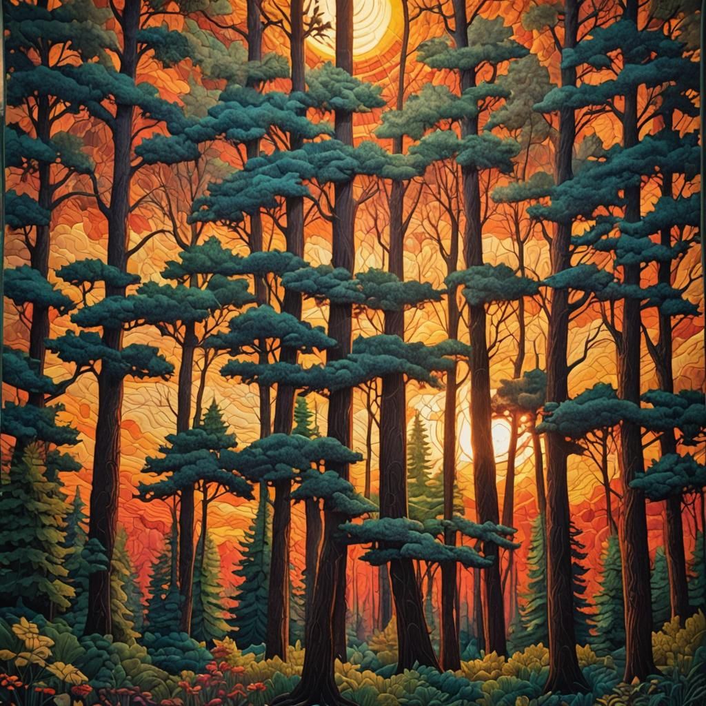 Sunset Forest Quilt in Hyper-Realistic Digital Art