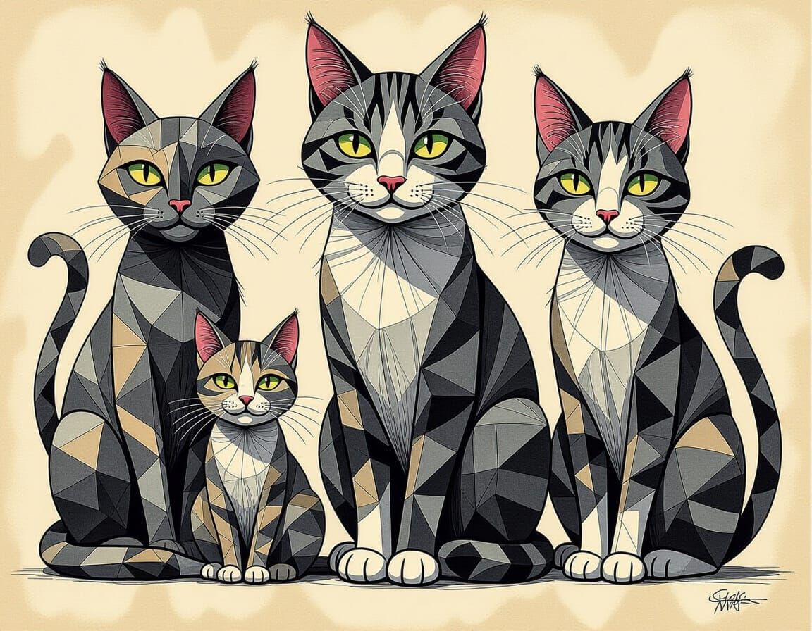 Intricate Charcoal Sketch of Cats Mural in Cubist Style