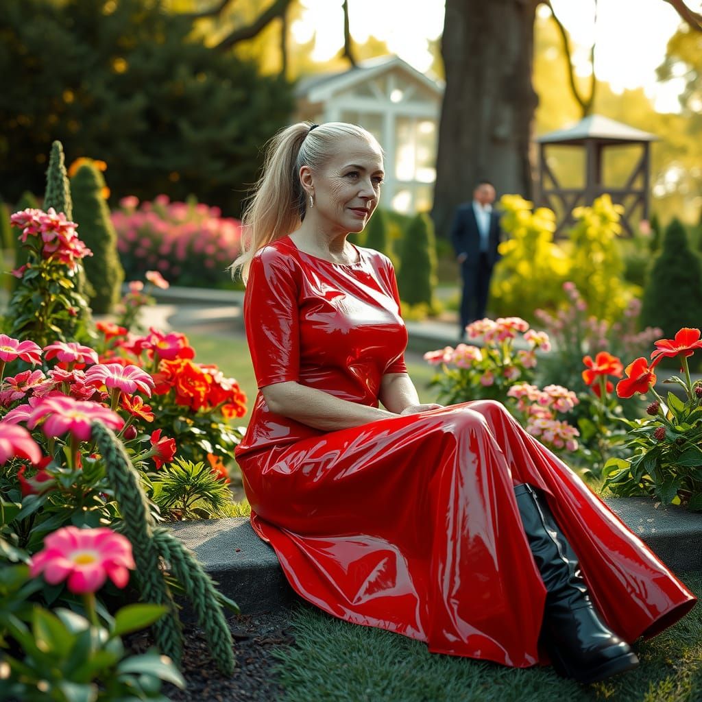 Woman in Red PVC Dress in Hyperrealistic Garden
