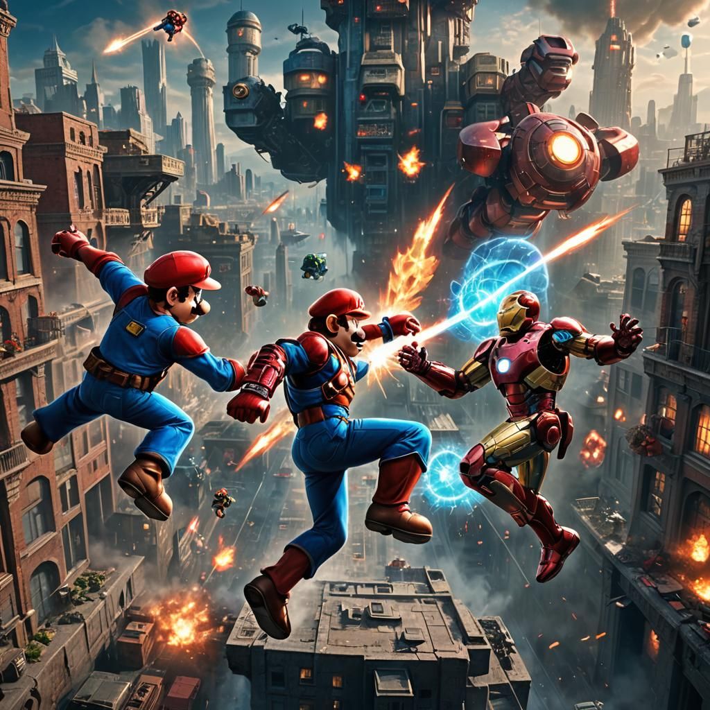 Mario and Iron Man Clash in Fantasy Cityscape