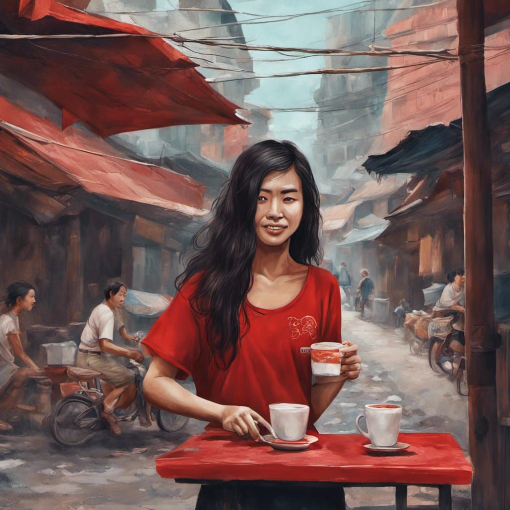 Vietnamese Woman Selling Coffee: Detailed Matte Painting