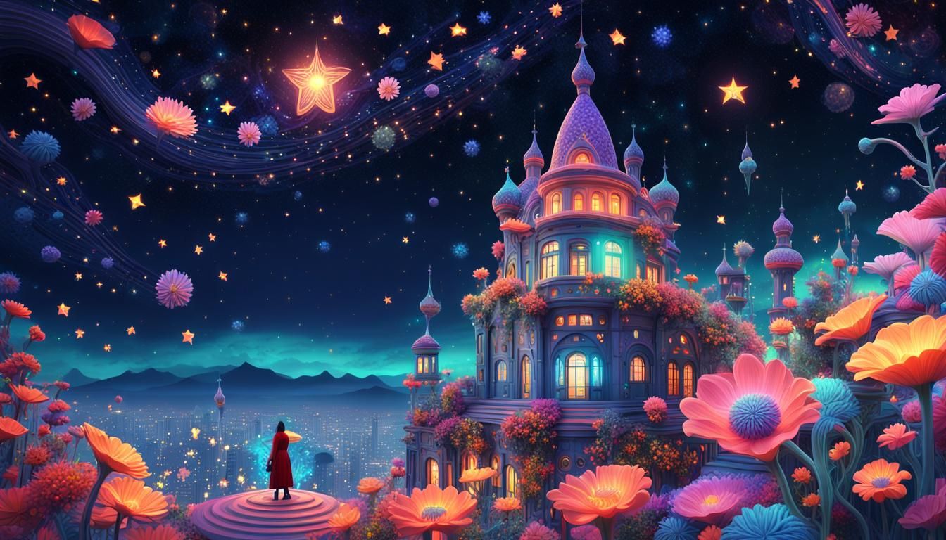 Surreal Fantasy Architecture with Luminous Flowers