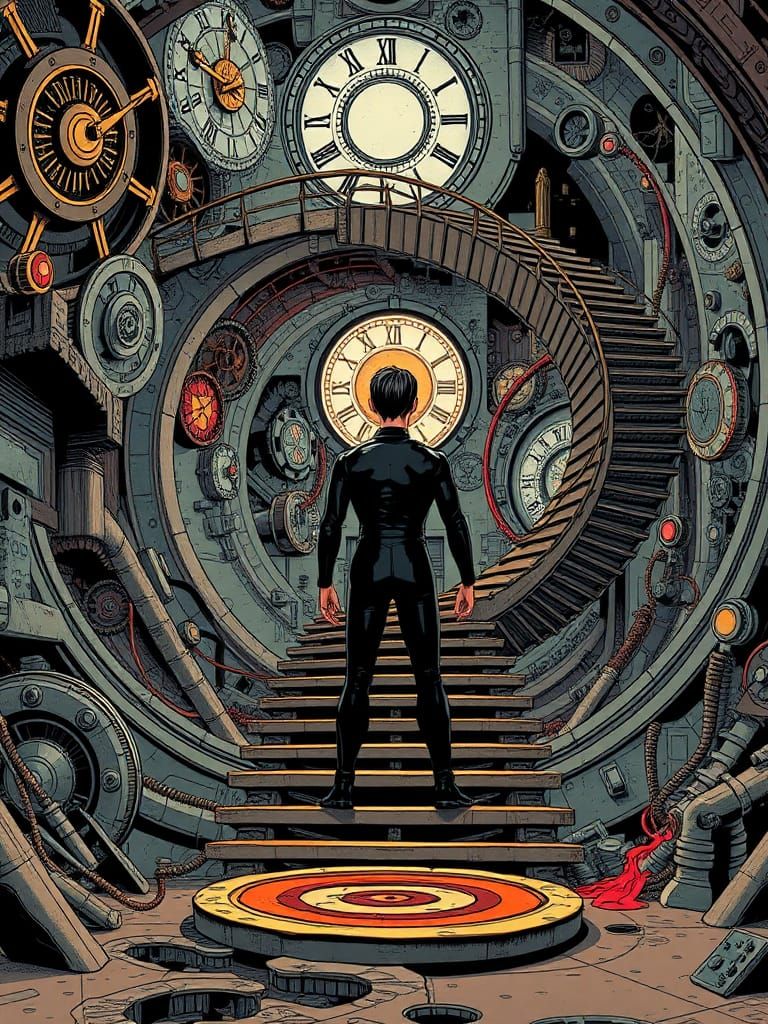 Time Traveler in Moebius-Style Vortex with Clockwork