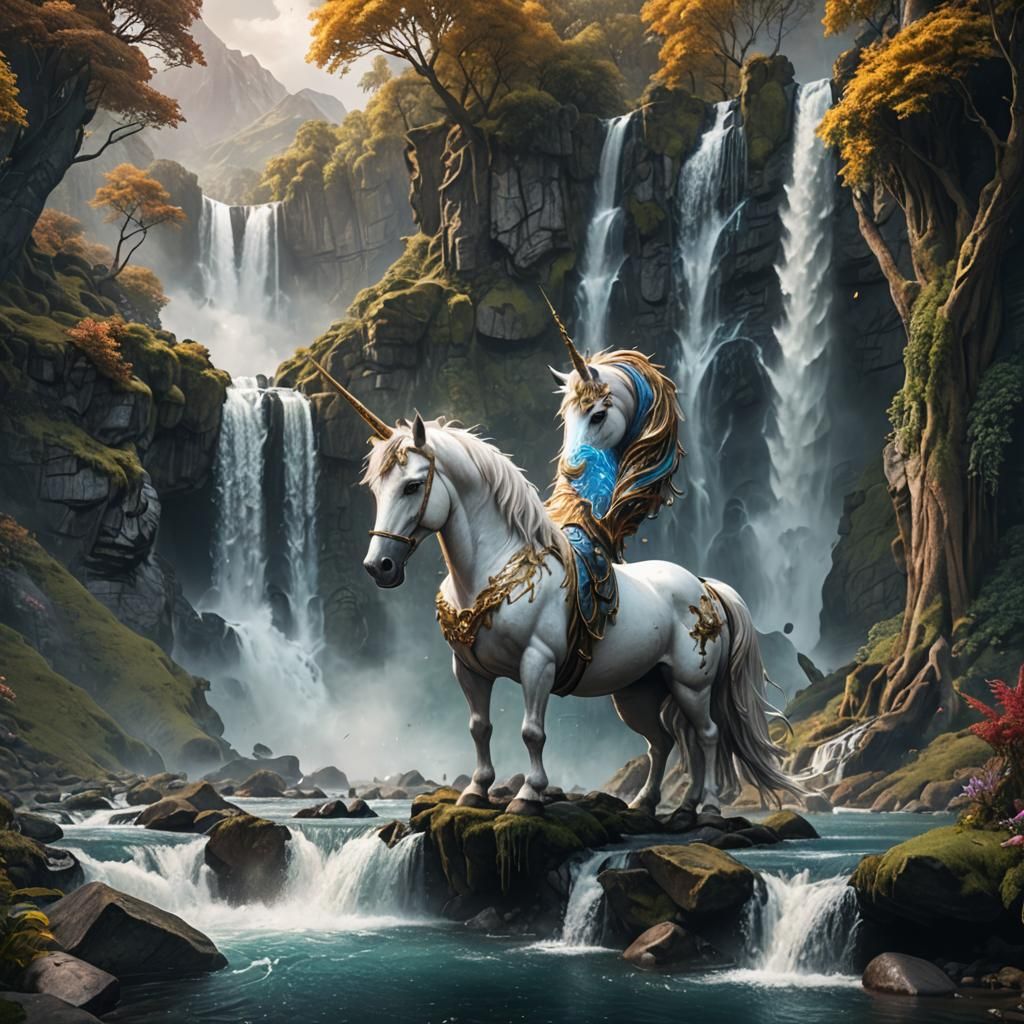 Mystical Unicorn at Waterfall: Fantasy Concept Art