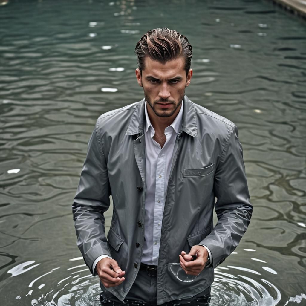 Hyperrealistic Man in Pool with Pompadour
