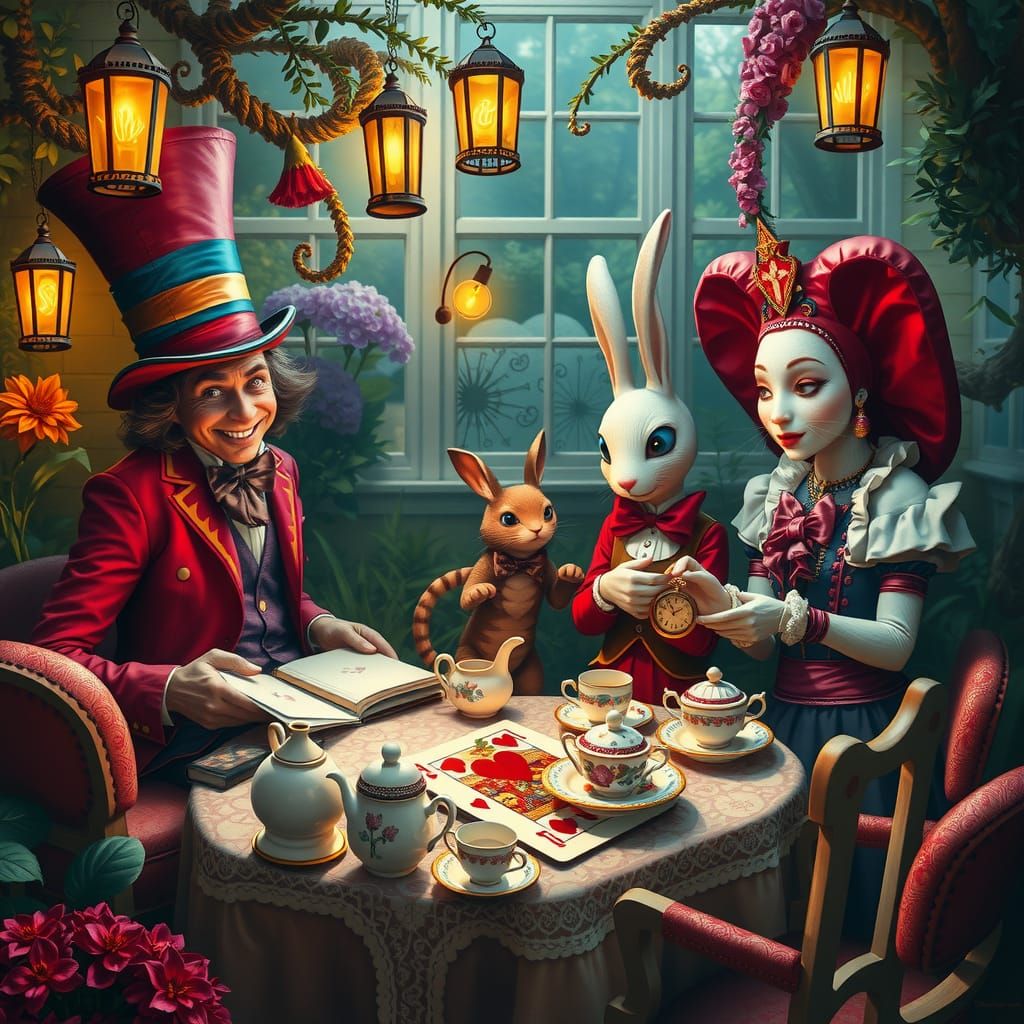 Alice in Wonderland Garden Party, Beksiński-Inspired Oil Pai...