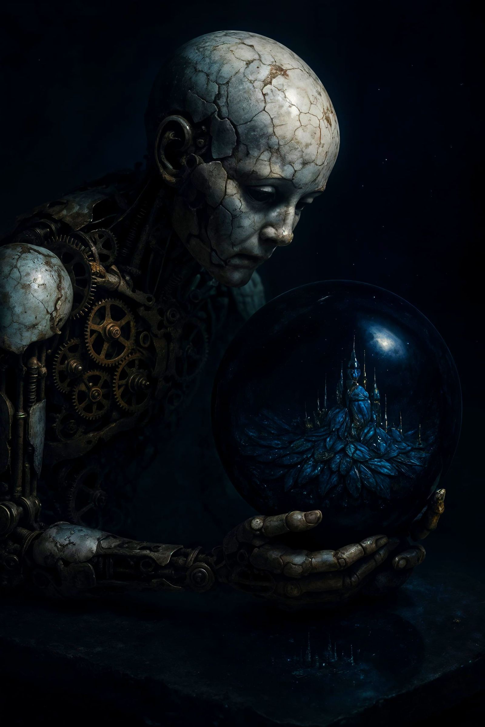 Surreal Clockwork Construct Gazing into Cosmic Orb