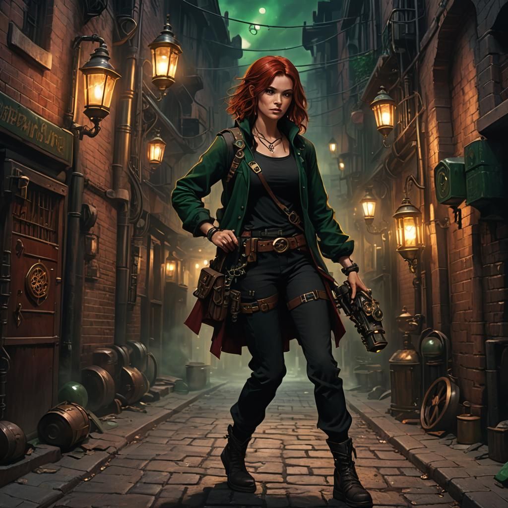 Steampunk Rogue in Dimly Lit Alleyway