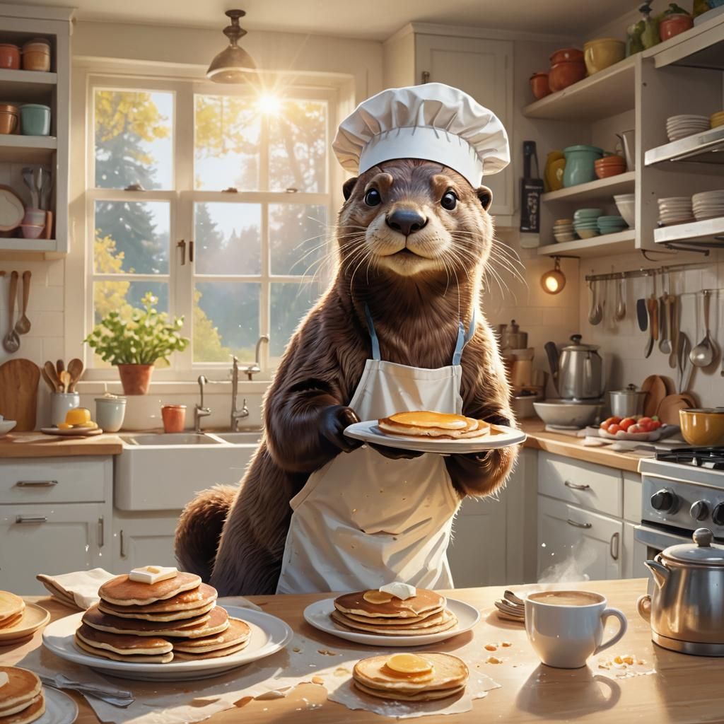 Whimsical River Otter Chef Flips Pancakes