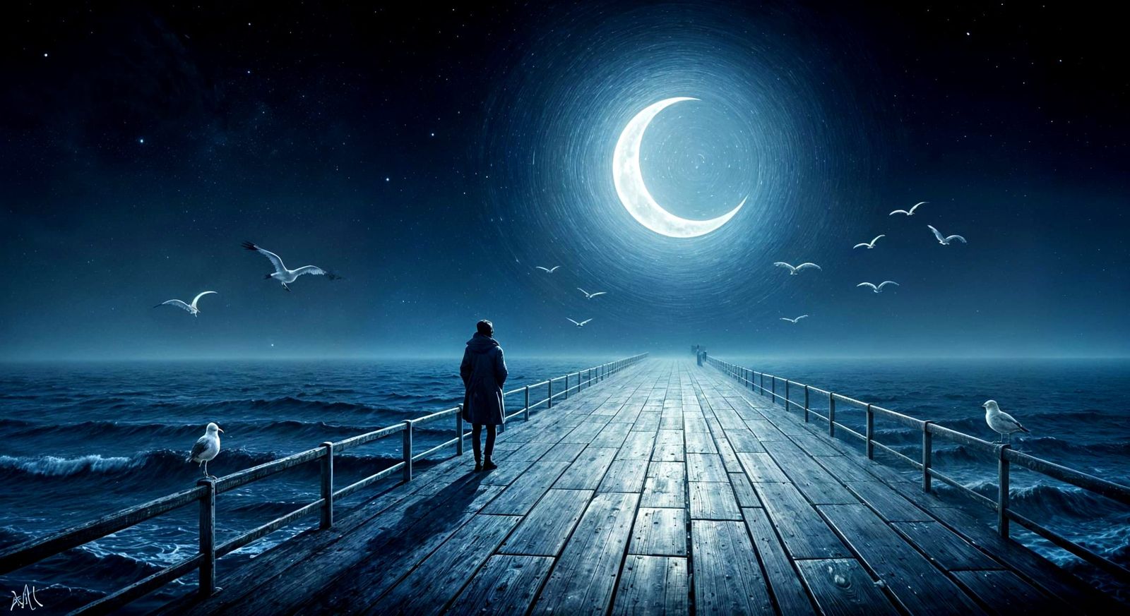 Dark Ocean Pier in Moonlight with Solitary Figure