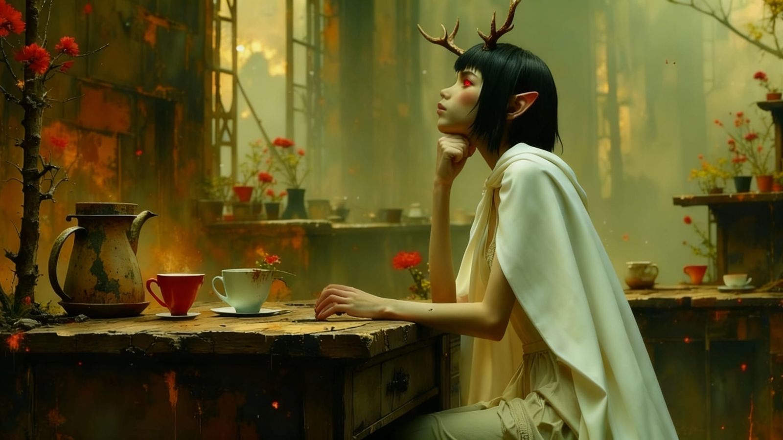 Fantasy Cafe Singer With Elf Ears In Oil Paint Style