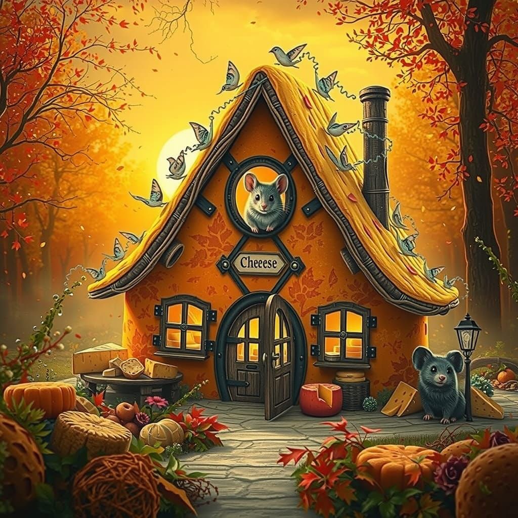 Whimsical Autumn Cheese House with Adorable Mouse