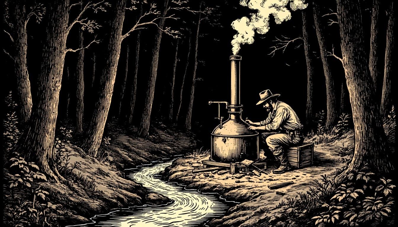Woodcut Illustration of Moonshiners and Whisky Still