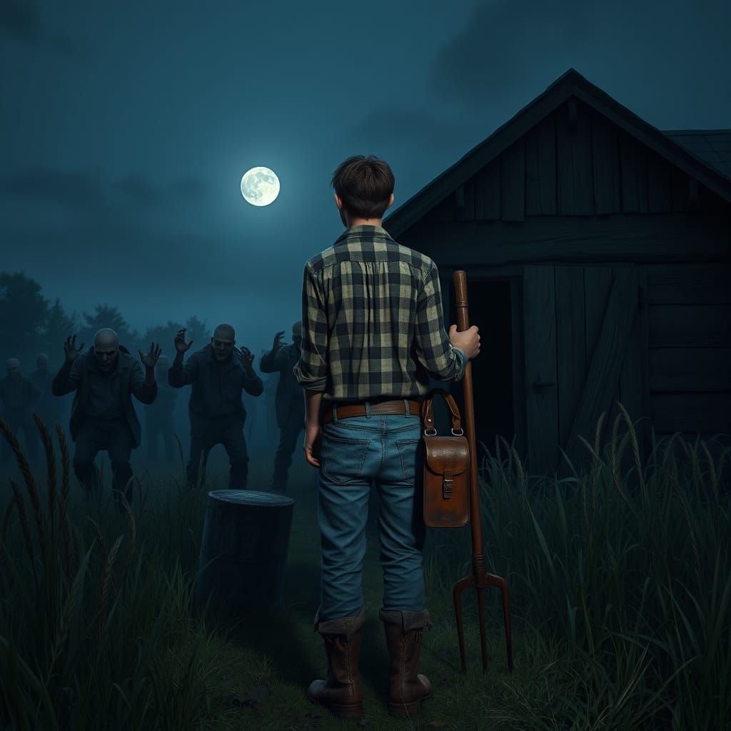 Farmer Confronts Zombies in Dark Fantasy Landscape