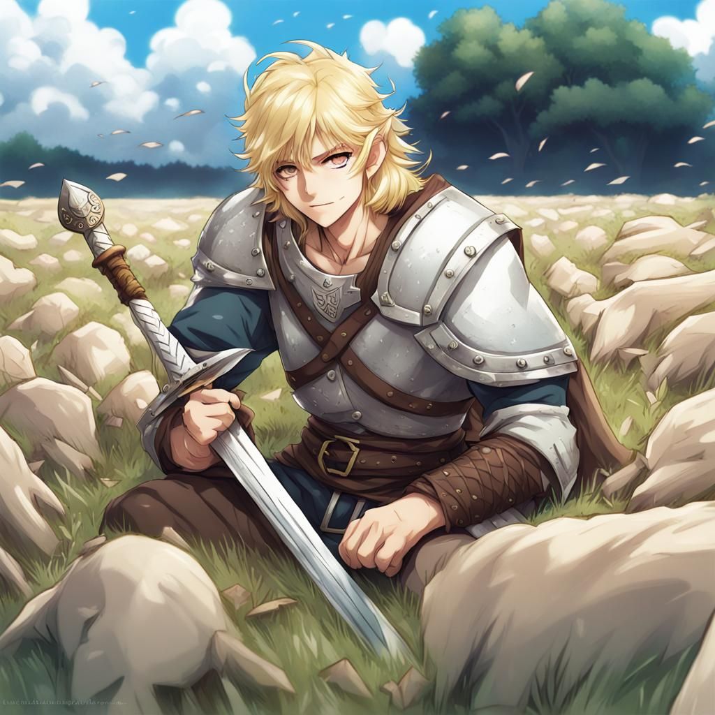 Viking Resting in Field of Swords: Anime Style