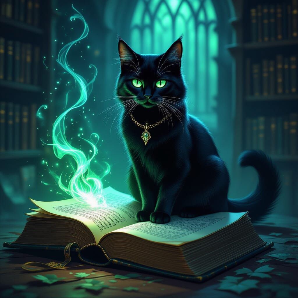 Black Cat on Spell Book in Dark Fantasy Style