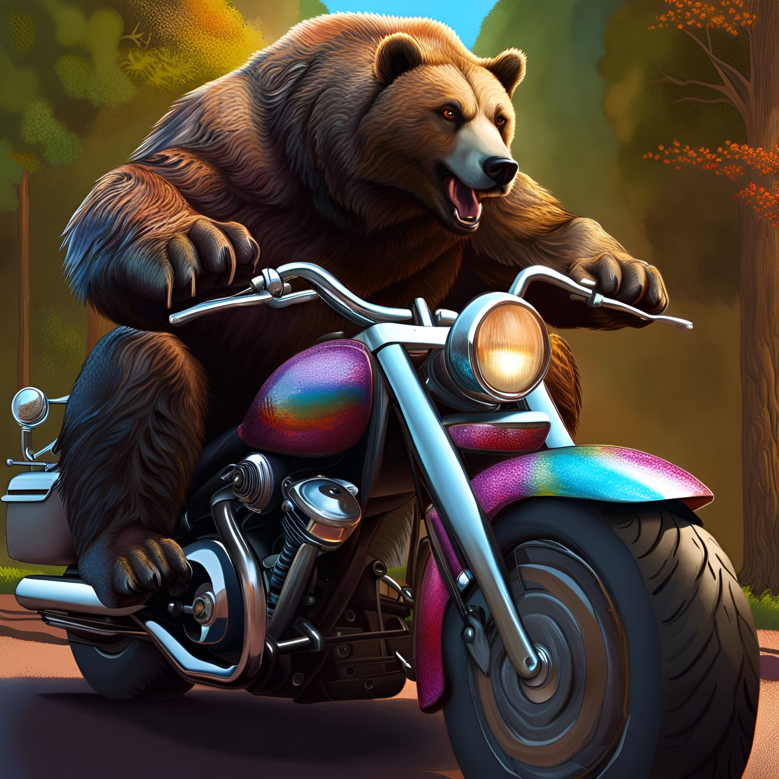 Grizzly Bear Biker in Park: Hyperrealistic Concept Art