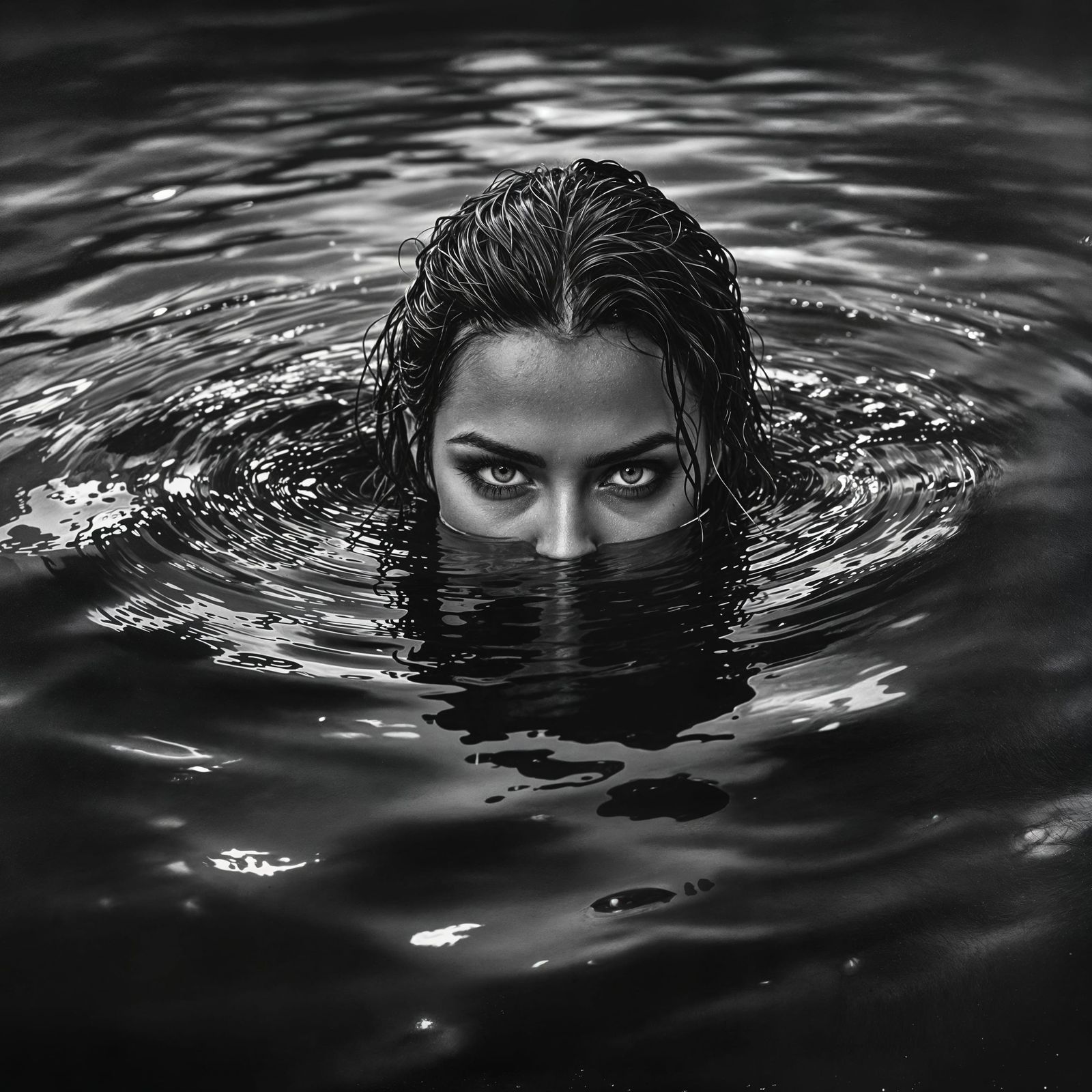 Intense Grayscale Portrait of a Woman in Dark Water