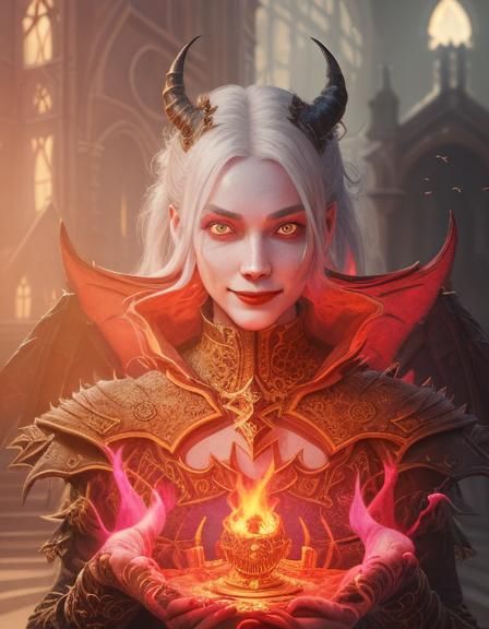 Female demon proudly shows the "Quintessential satanic fire" (so it exist, after all...you never stop learning!)