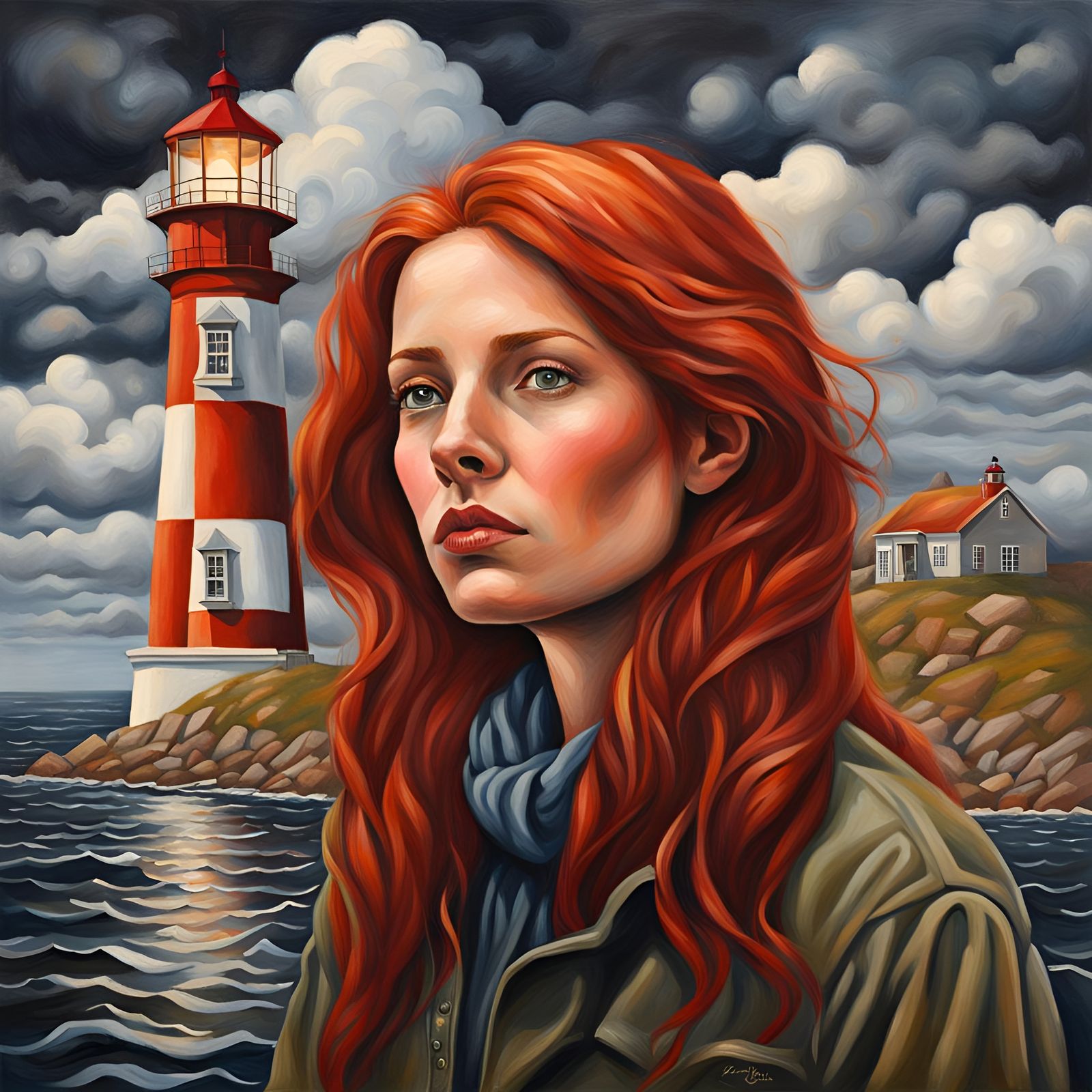 Red-Haired Woman Near Lighthouse in Dreamlike Realism