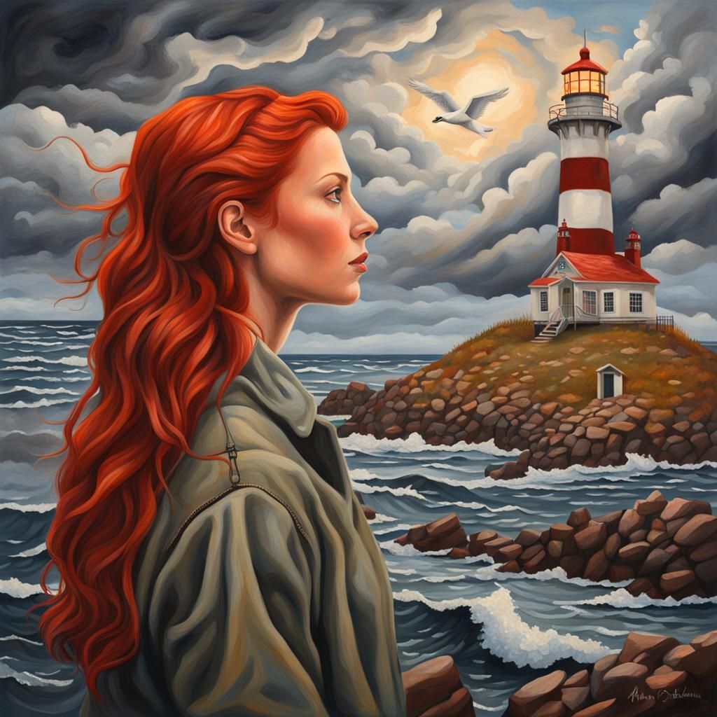 Red-Haired Woman by Lighthouse in Dreamlike Realism