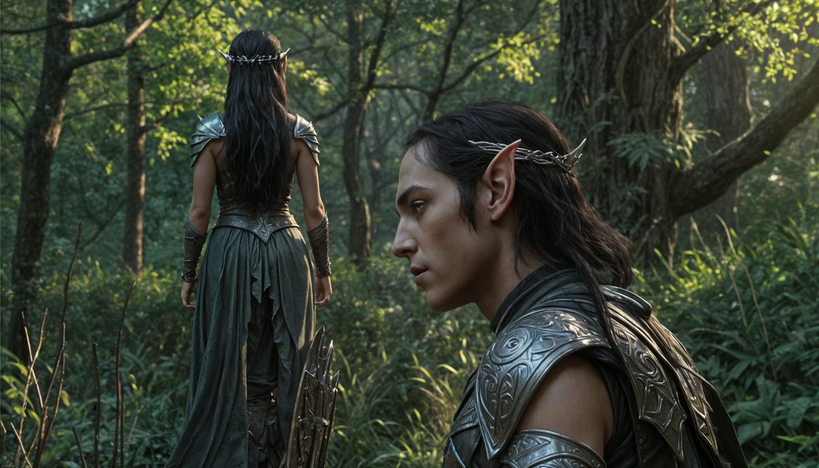 Dark Elf Watches Female Elf in Forest, LOTR Style