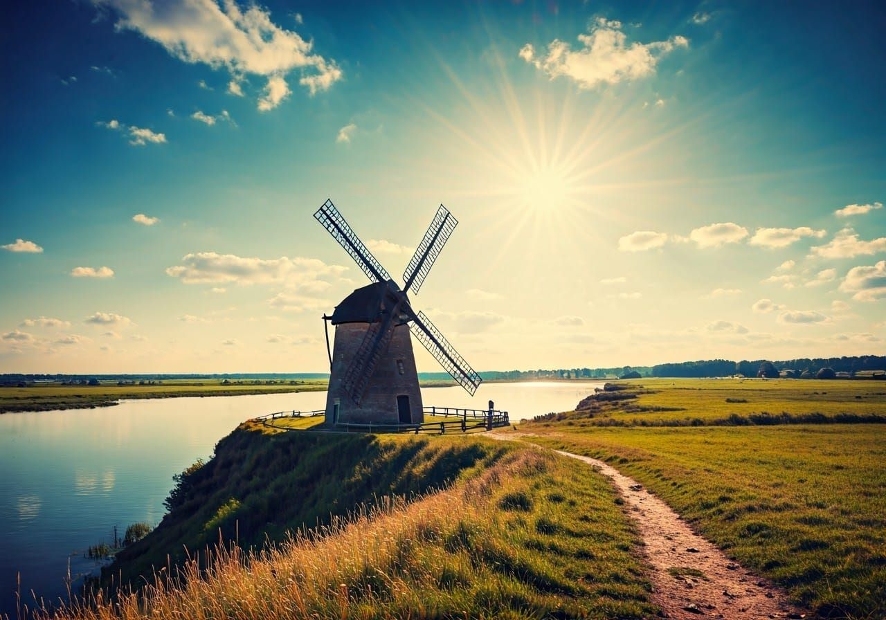 Windmill Overlooking Lake in Vintage Style