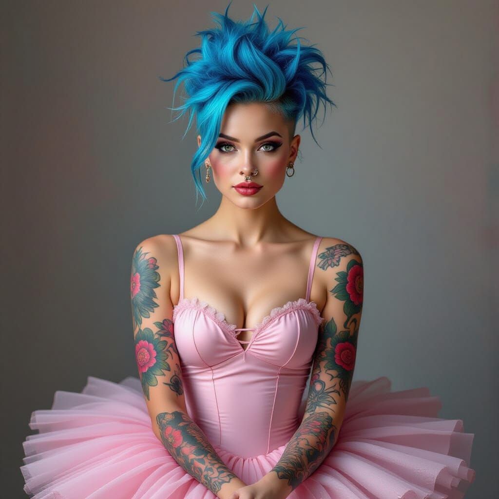 Punk Ballerina with Blue Mohawk and Tattoos
