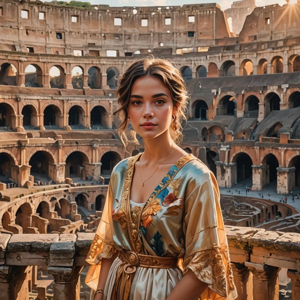 Elegant Woman Poses Before Colosseum: Oil Painting