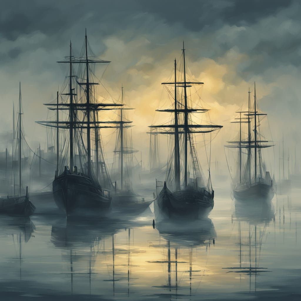 Misty Ancient Harbor with Ships: Oil Painting