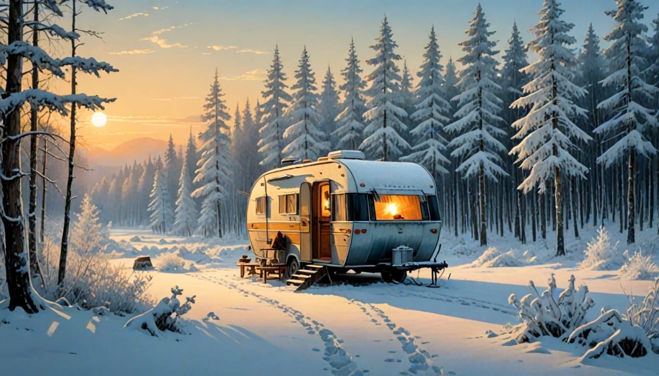 Siberian Winter Wonderland Campsite in Watercolor Style