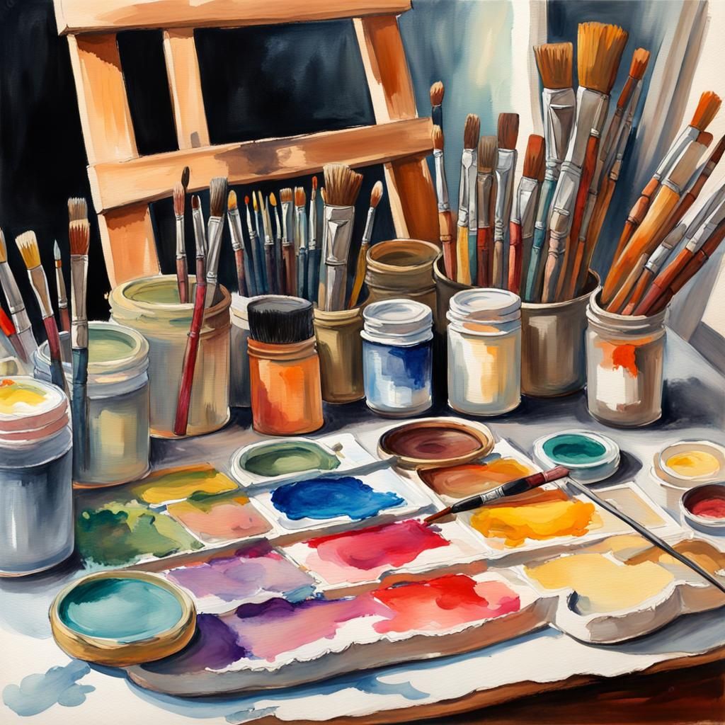 Impressionist Watercolour Painting of Art Supplies