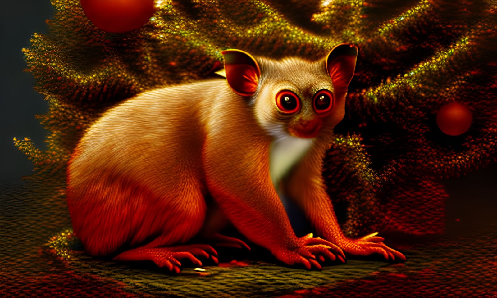Tarsier Enjoys Christmas by Fireplace: Digital Painting