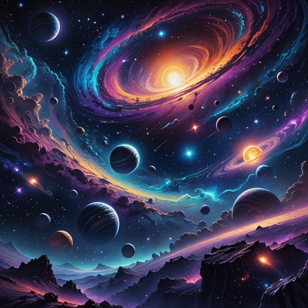 Cosmic Edge of Night: A Surreal Mixed Media Masterpiece