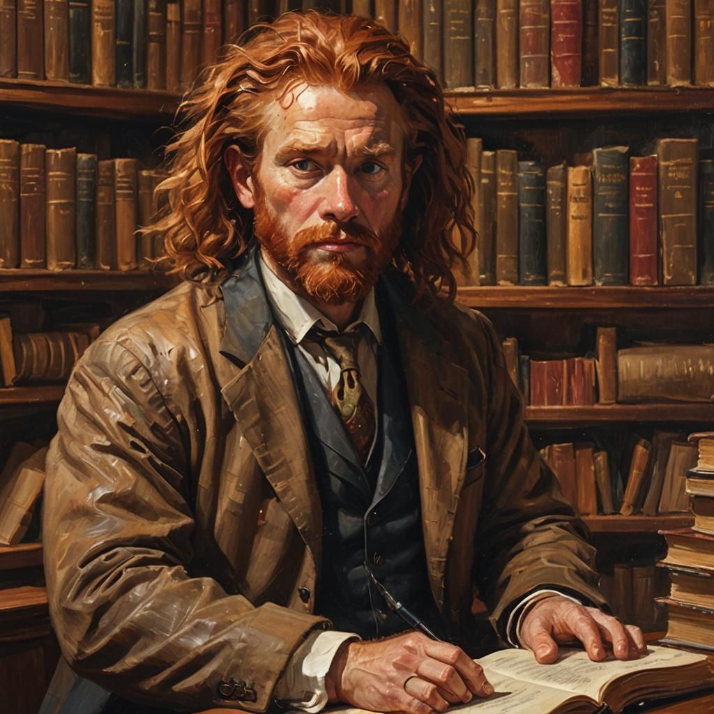 Ginger Bearded Man in Library, Impasto Oil Painting