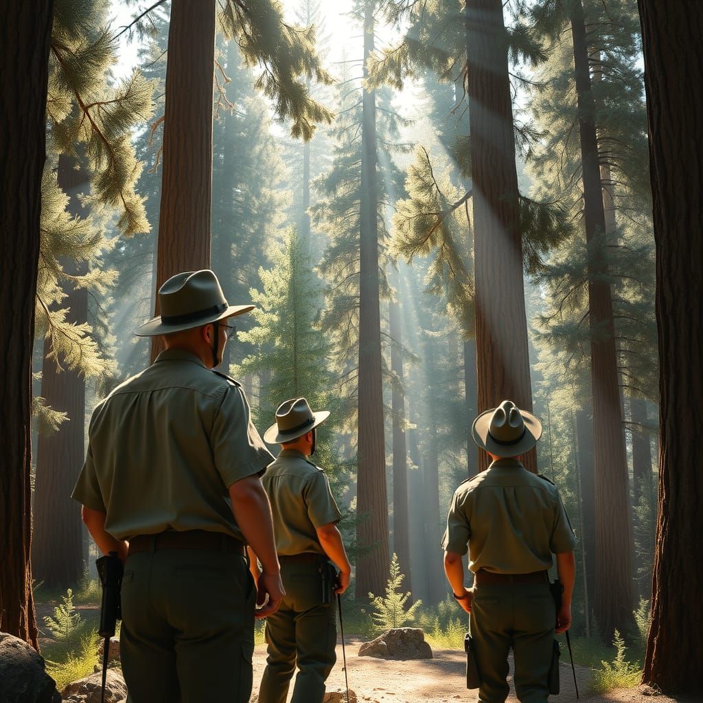 Forest Rangers in a California Ponderosa Pine Forest Landsca...