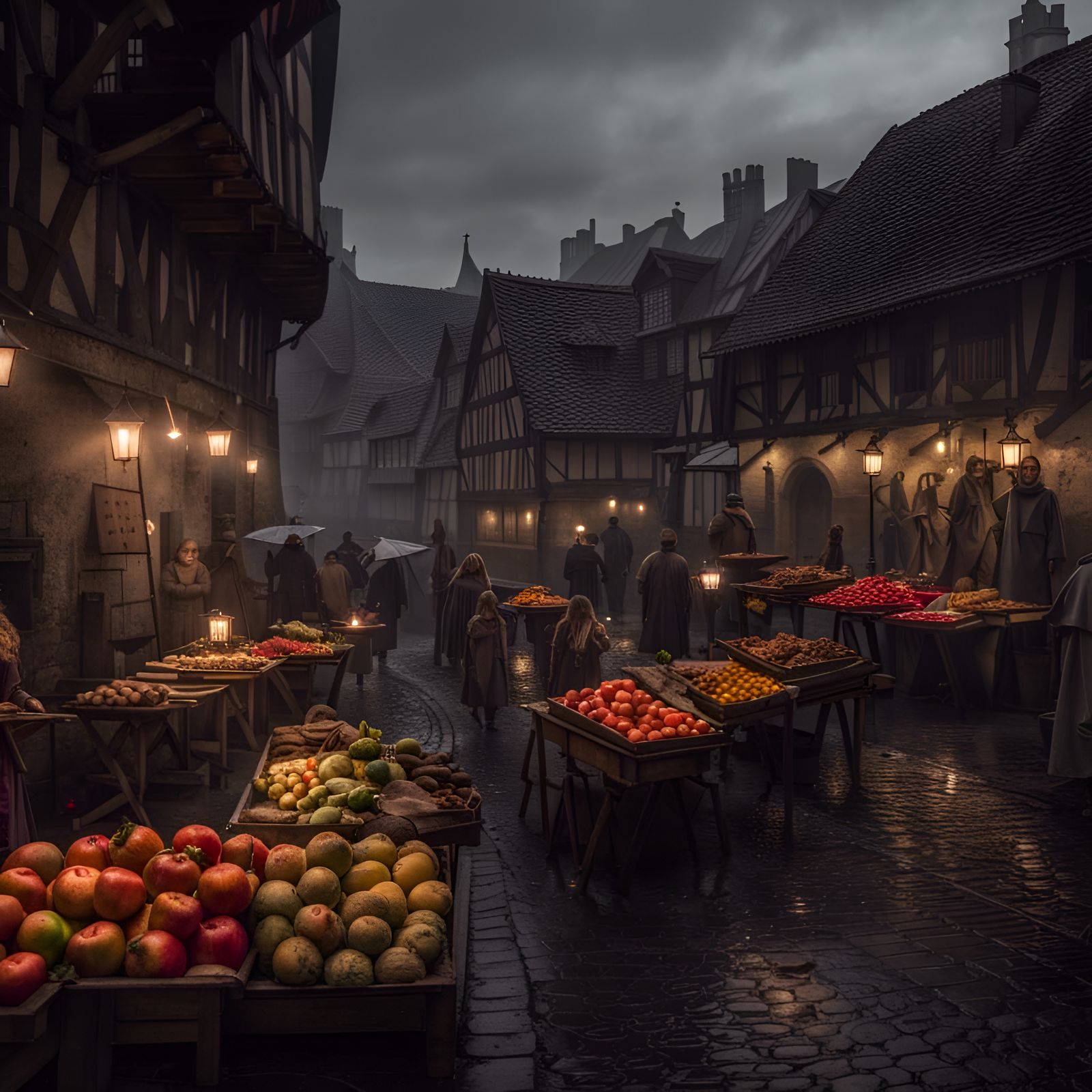 Gloomy Medieval Market with Torches and Rain
