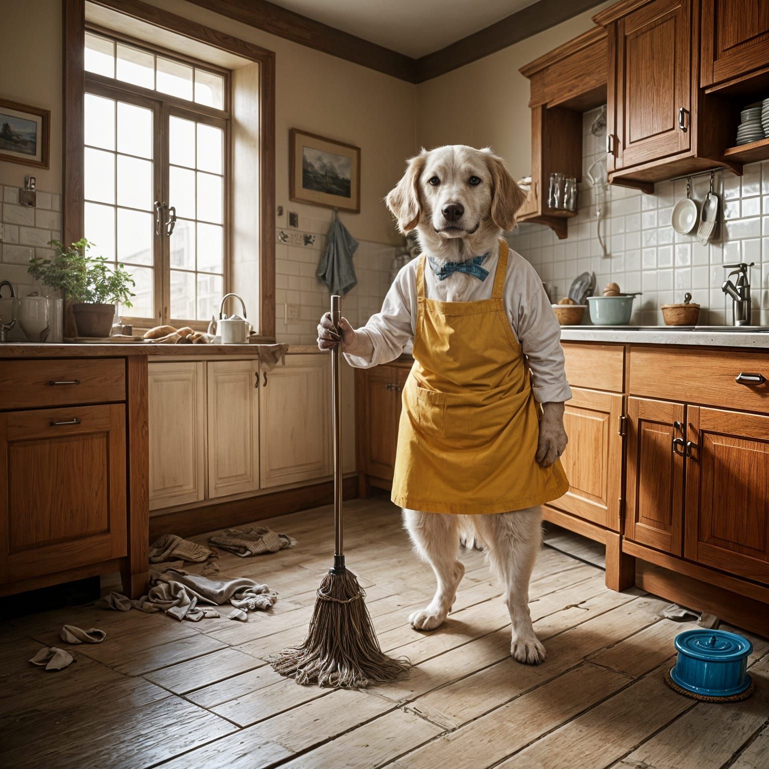 Canine Janitor in a Messy Kitchen