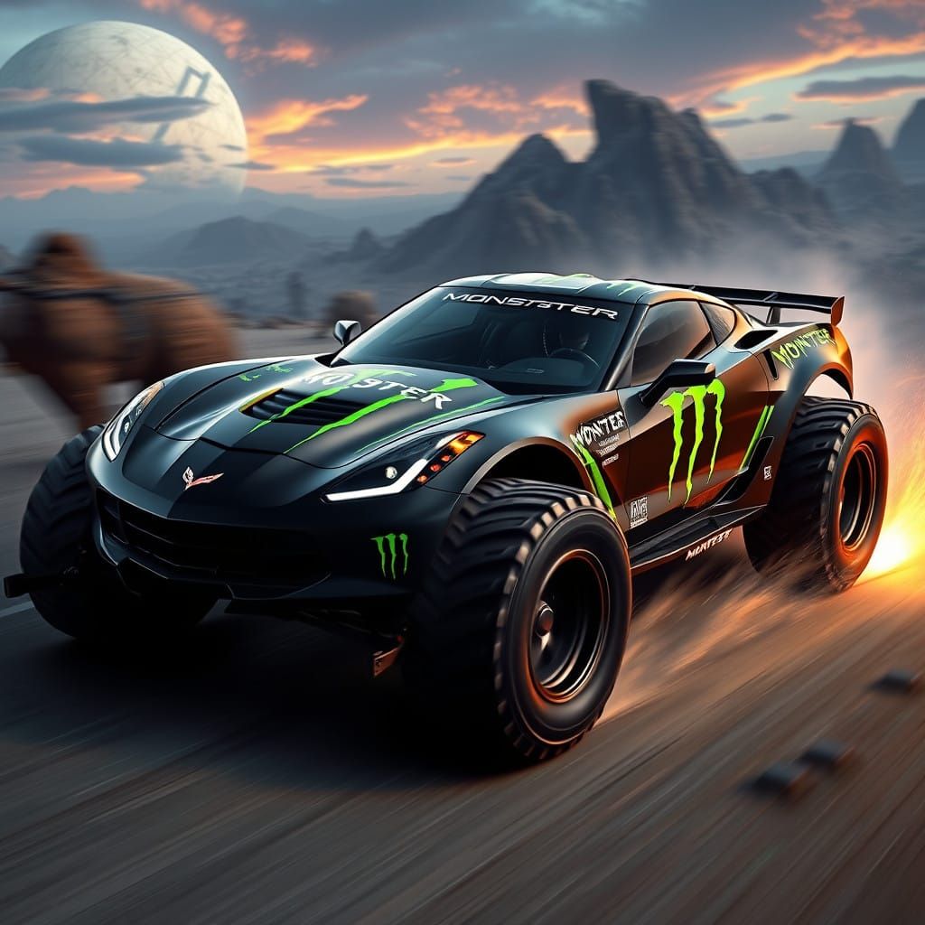 C6 Corvette Monster Truck in Neon Cyberpunk Concept Art