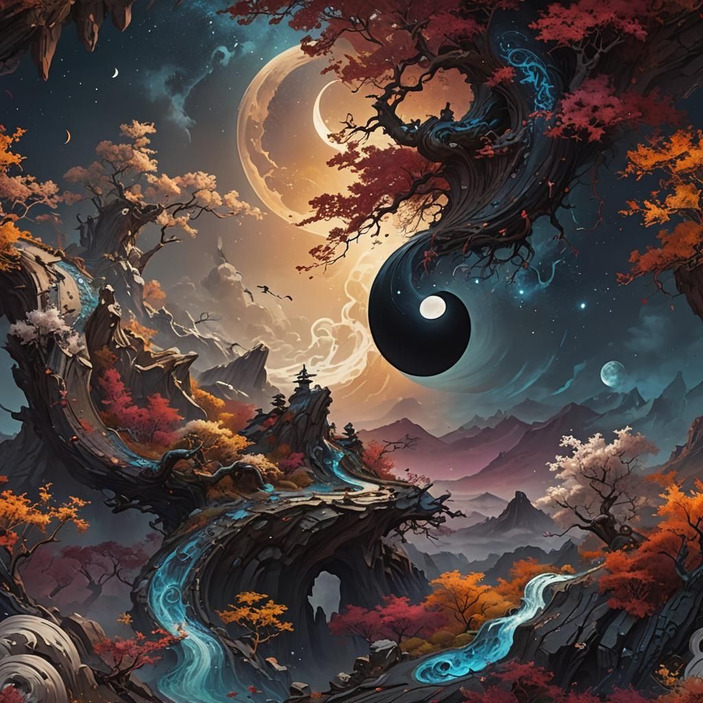 Yin and Yang Moonscape in Detailed Matte Painting