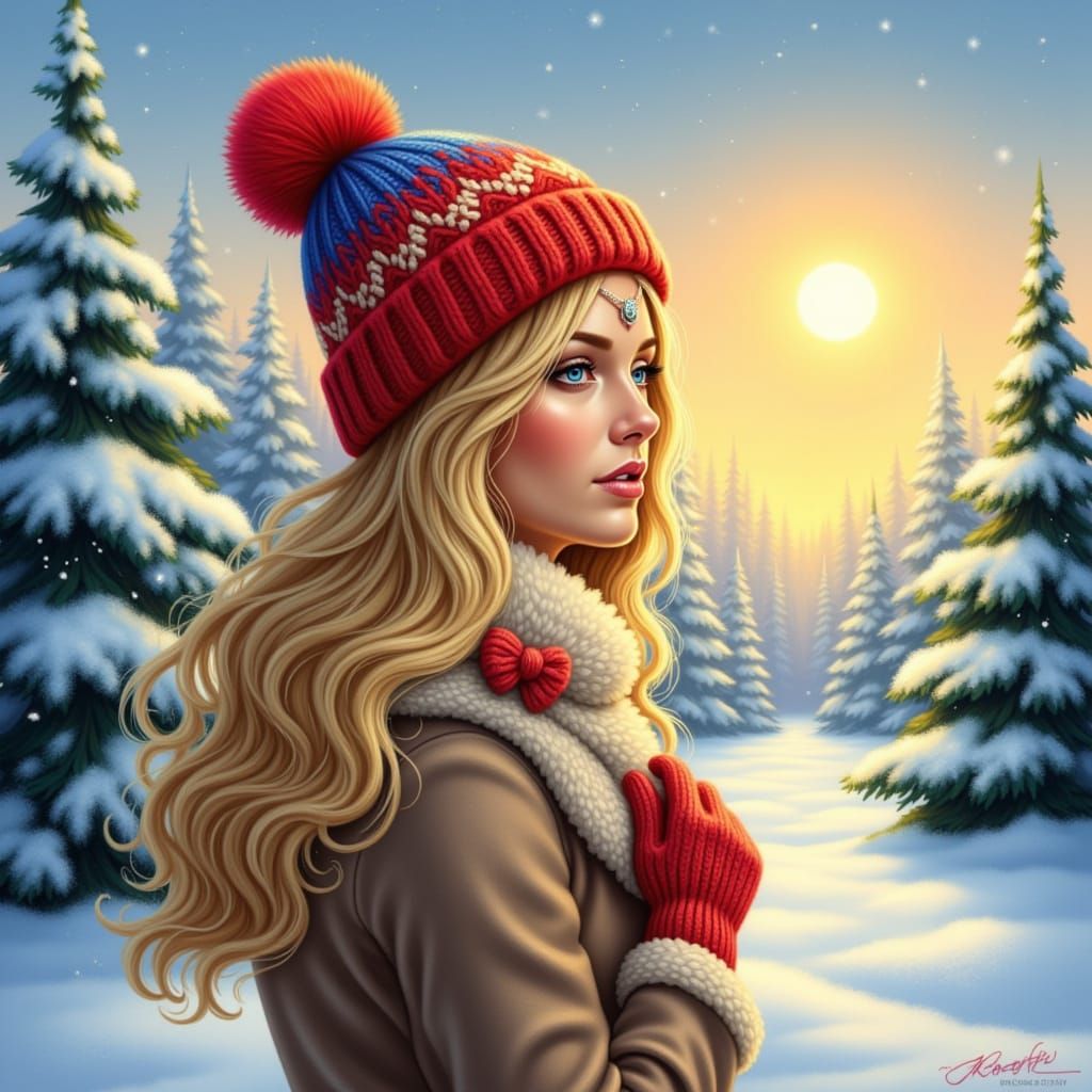 Whimsical Winter Scene: Woman in Snowy Landscape