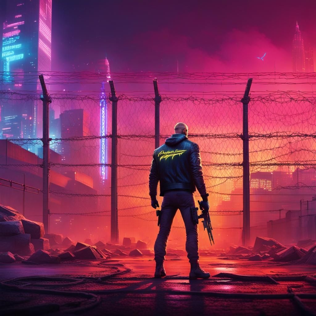 Cyberpunk Jail Scene with Fence and Barbed Wire