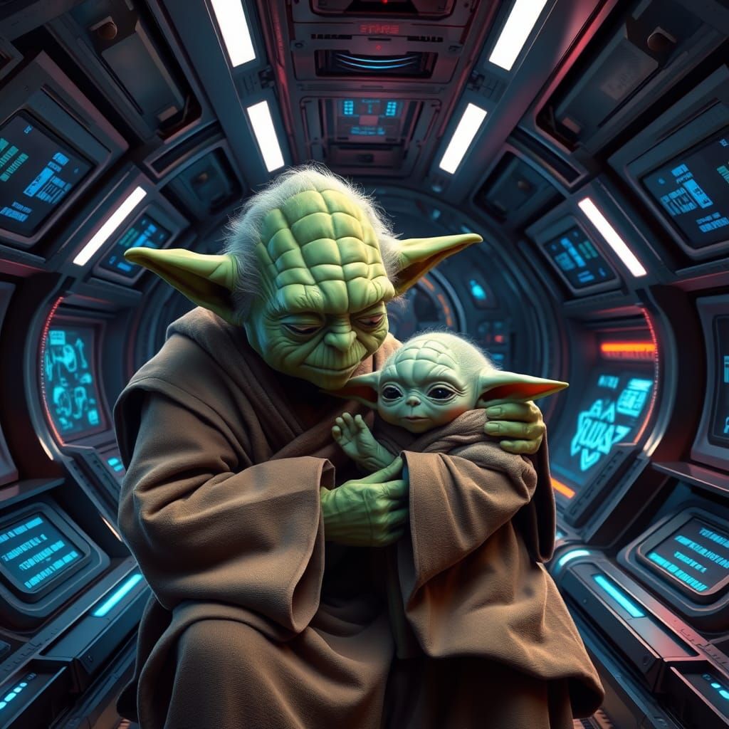 Yoda and Baby Yoda in Sci-Fi Spaceship