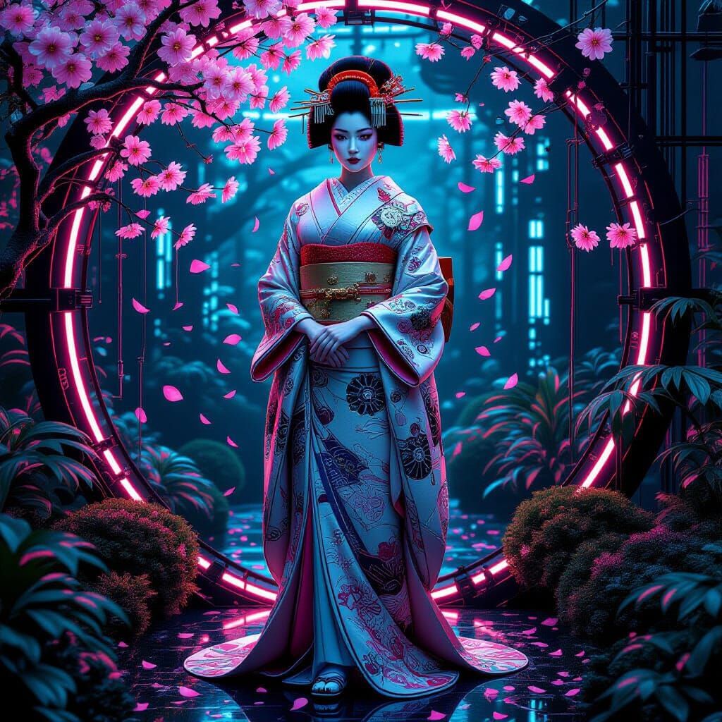 Biomechanical Geisha in Steampunk Garden