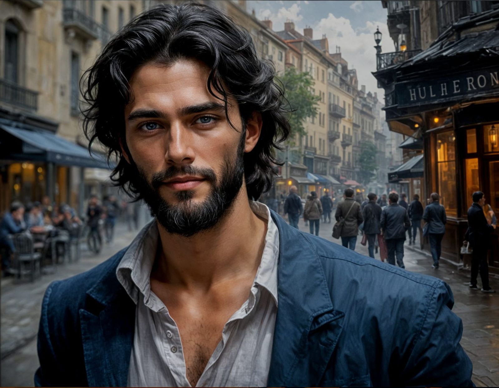 Smiling Man with Black Hair and Grey Beard